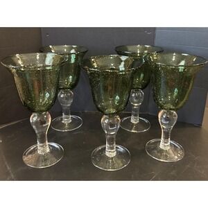 Artland Iris Green Hand Blown‎ Bubble Glass Water Wine Goblets Set of 5